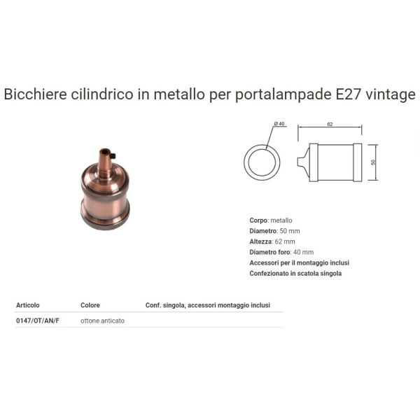 Portalampada Cilindrico Vintage Ottone Anticato Con Ghiera E27 - FAI  147/OT/AN/F in vendita online